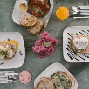 an aerial view of some of the breakfast dishes in the Kalipay restaurant