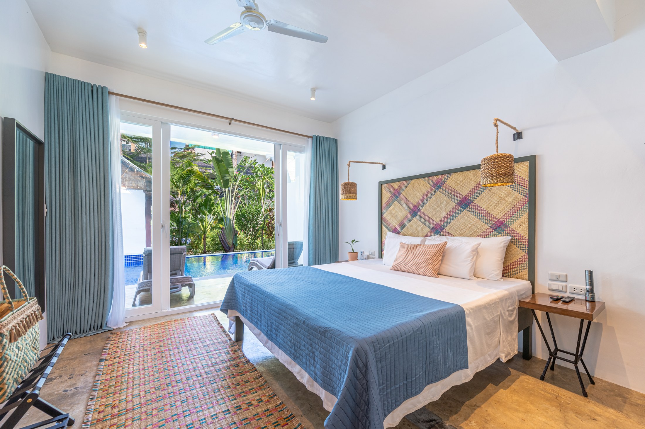 King-size bed and poolside balcony